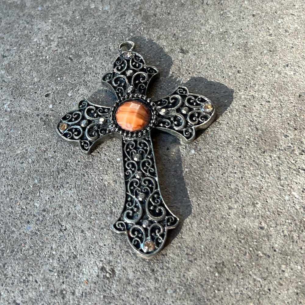 Vintage Western Religious Cross Pendant with Stone Sz 3”